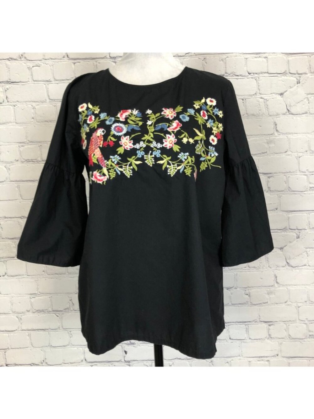 LOFT Black Poplin Blouse Size S Floral Embroidered